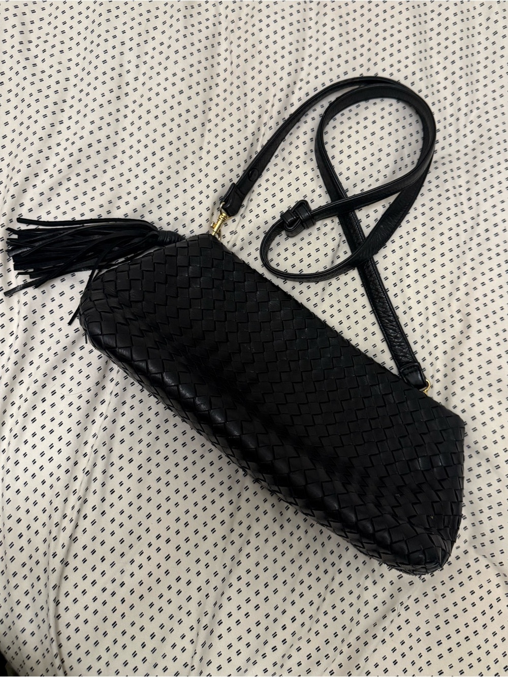 Black Woven Leather 3 Ways Bag with Tassel